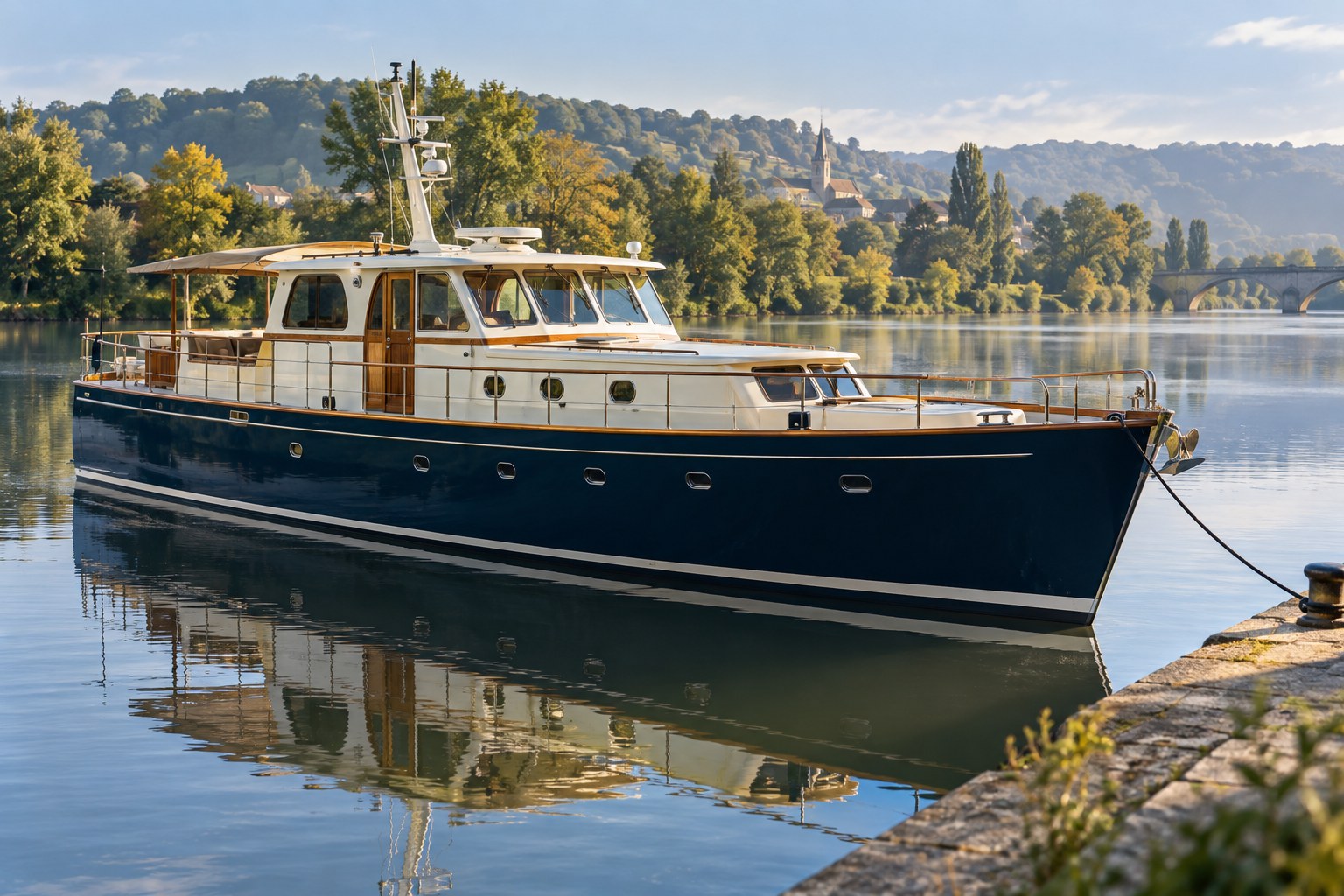 Bateau à moteur classique amarré sur une rivière