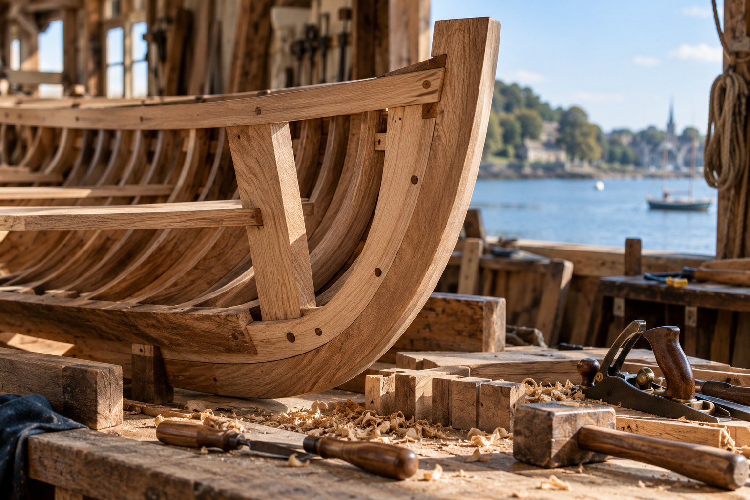 Éléments de charpente de bateau et outils sur un établi