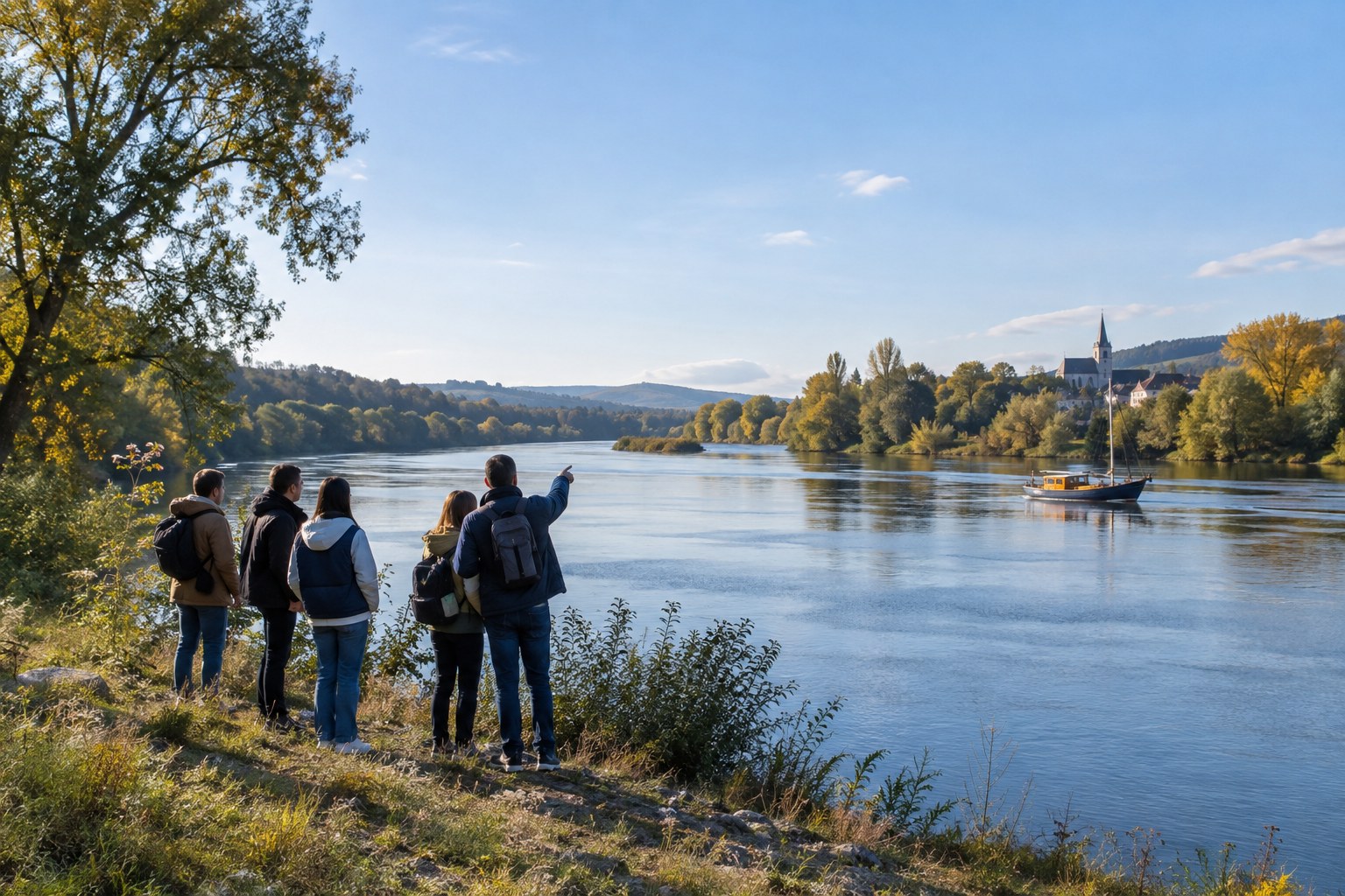 Groupe accompagné observant un paysage fluvial