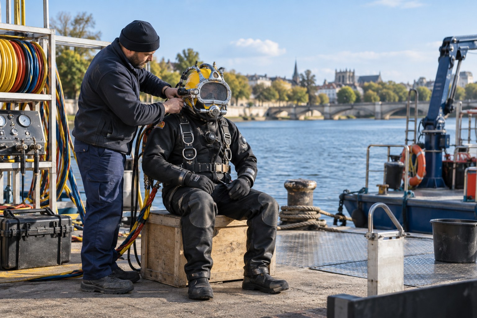 Préparation d’un plongeur professionnel au bord de l’eau